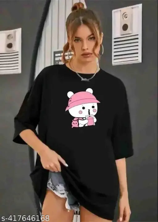 Black graphic t-shirt with a pink hello kitty face