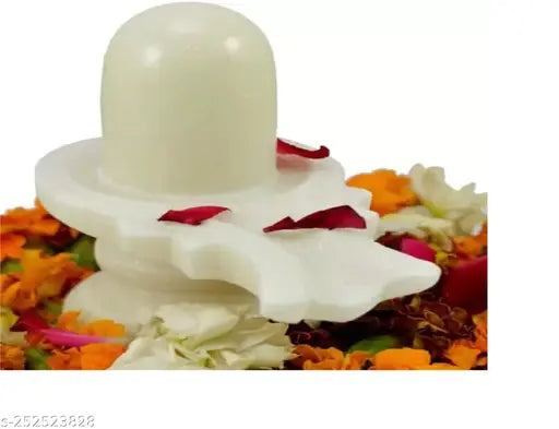 White marble Shiva Lingam idol with petals, decorative showpiece, 35 inches.