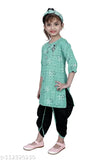Rama green designer checked Patiala suit for girls, Hariyal Creation kids party wear. Cotton silk anarkali style with knee length top and printed pattern, size 3-4 years