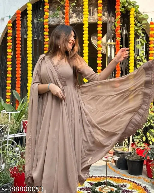 Pink Georgette Chiku gown with complete lining, traditional Indian attire for women, solid monochrome lace