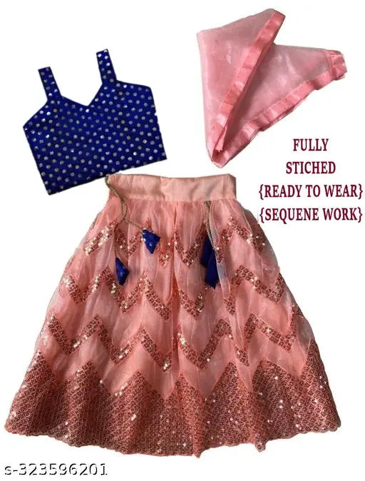 Taffeta silk Lenga Choli with net dupatta, self-designed floral stitch, sleeveless, Indian traditional wear for toddlers and kids (sizes 6-8 years)