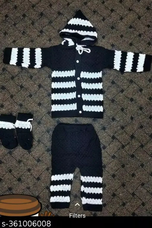 Woolen striped newborn sweater set with cap, pajama, and socks. Soft, warm, and stretchable for kids in winter. Made in India