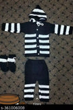 Woolen striped newborn sweater set with cap, pajama, and socks. Soft, warm, and stretchable for kids in winter. Made in India