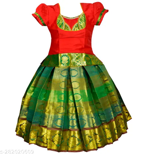 Handmade traditional grand pattu pavadai for kids, cotton lehenga with embellished pattern and short sleeves. High-quality pattu pavadai featuring heavy stone work, Indian origin