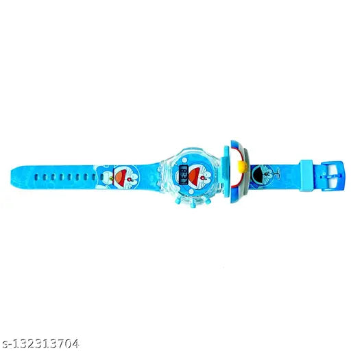 A blue Doreamon Kid watch featuring a digital screen on both sides, designed with a boy and girl face, appealing to kids with its music cartoon theme