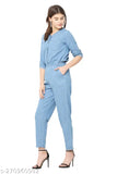 Stylish solid denim jumpsuit for women, three-quarter sleeves, India-made denim apparel on mannequin