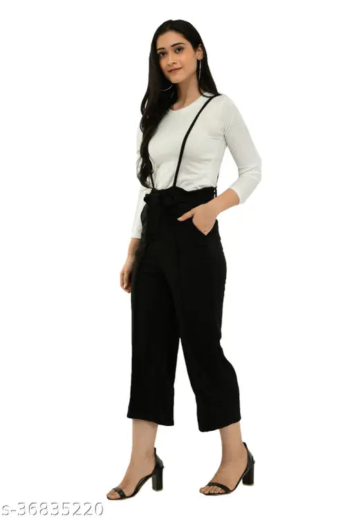 Black cotton blend dungaree set with white t-shirt, urban-chic women's partywear, full sleeve round neck, solid pattern, sizes S28-XL34