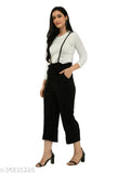 Black cotton blend dungaree set with white t-shirt, urban-chic women's partywear, full sleeve round neck, solid pattern, sizes S28-XL34