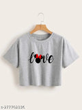 Cotton blend Love gray crop, printed net pattern, short sleeves, size XL, Indian origin