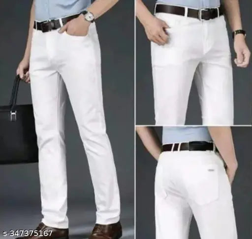 Cotton blend plain white jeans for men, solid net quantity 1 in size 28, 30, or 32. Indian-made denim wear on display