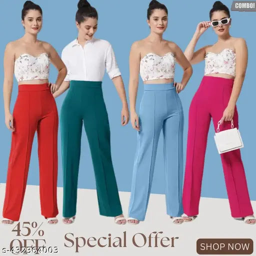 Red, blue, green, yellow cropped high rise bellbottom pants for girls and women set of four