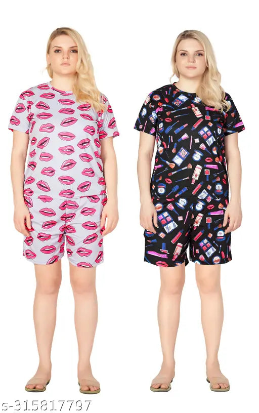 Printed polyester women's shorts set, fashionable and comfortable for lounging at home with side pockets and adjustable waist