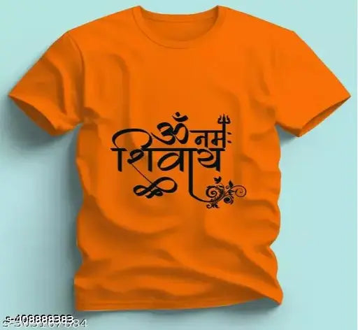 Orange polyester T-shirt with printed design, short sleeves and casual fit