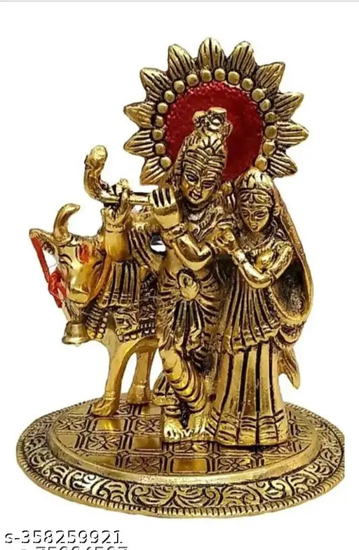Metal Radha Krishna Standing Figure with Cow - Indian Krishna Idol