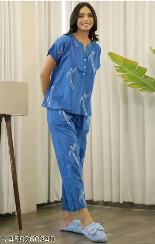 Printed cotton night suit for woman, comfortable lounge wear with long sleeves, available in multiple sizes from M to 4XL