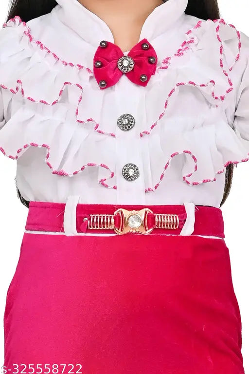 Blue pink red girls' stylish cotton partywear frock, design details and belt accent