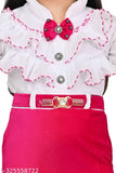 Blue pink red girls' stylish cotton partywear frock, design details and belt accent