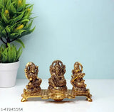 Metal Laxmi Ganesh Saraswati decorative idol with diya, 24cmx12cmx6cm, golden finish for home worship and decor