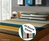 YellowGreen stripe Glace cotton fitted double bed sheet with 2 pillow covers, ideal for summer use