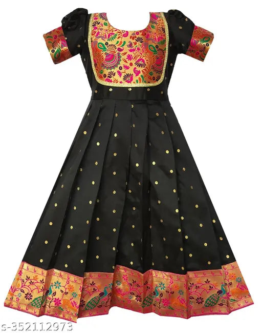 Round black silk paithani dress for baby girls, premium indian fabric best for birthdays/festivals (size 4-5 years)