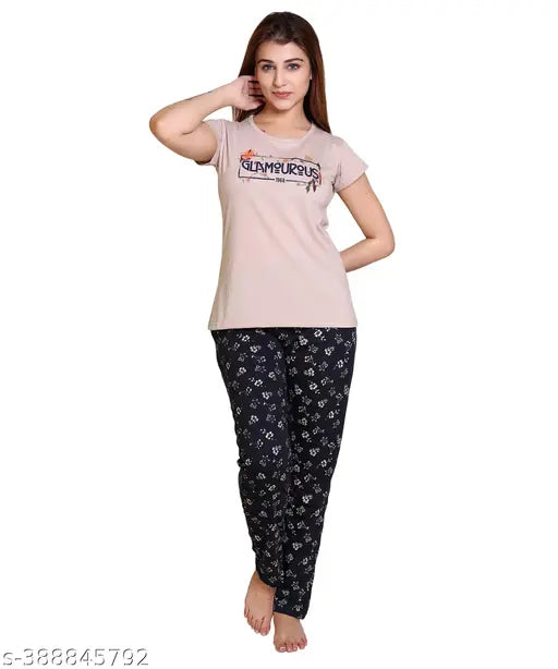 Saltlake cotton nightwear set, printed ladies & girls top and bottom, soft cotton blend pyjamas with short sleeves, India origin