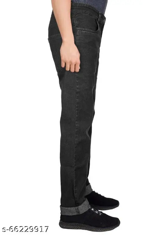 Black cotton straight men's jeans, solid pattern, stretchable fit, dark grey color, multiple sizes available