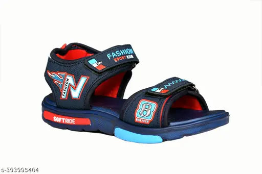Kids black slippers, navy straps, red Nike swoosh on heel