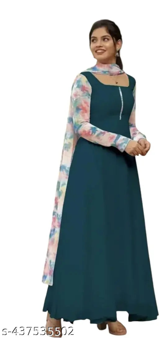 Pastel-shaded Georgette rama gown1 with long sleeves, printed dupatta and dori fumka. Fox Georgette print dress, perfect for western wear." (98 characters)