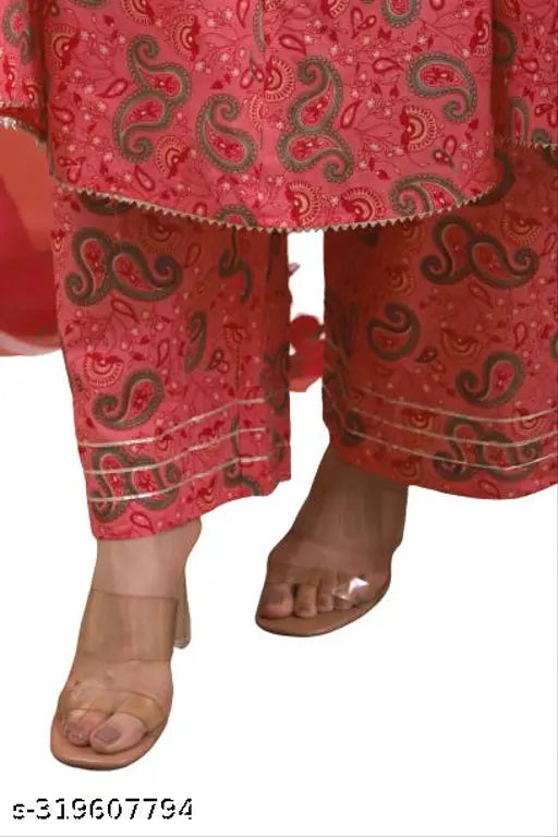 Red printed rayon flared anarkali kurti with traditional border detail