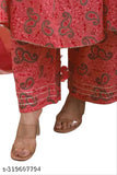 Red printed rayon flared anarkali kurti with traditional border detail
