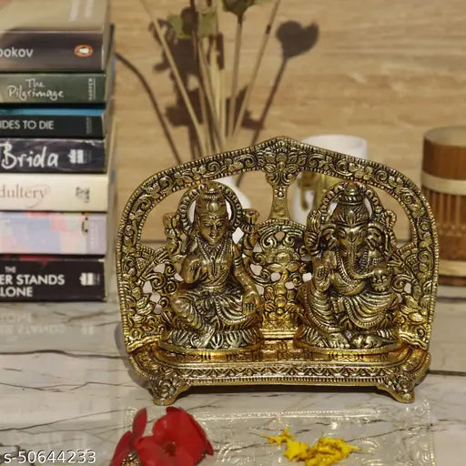 Metal Ganesha-Laxmi sitting decorative Diwali item, golden oxidized, Indian handcrafted god idol (16.5cm x 13cm x 5cm)