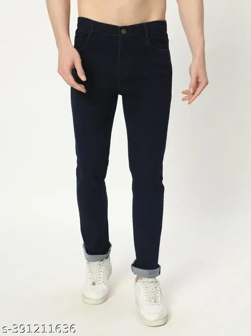 Navy blue stretchable denim jeans for men, solid pattern by AngelFab. Mid-waist fit, size 28-40