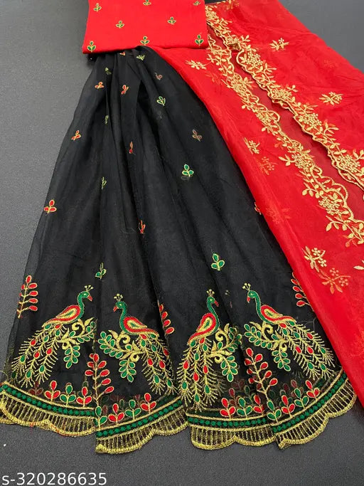 Peacock embroidery work, heavy dupion silk Lehenga Choli and net Dupatta, multi-thread embellishments and cutwork broderie. Indian craftsmanship at a low price