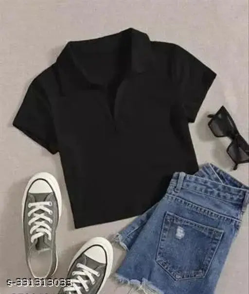 Cotton blend girls' t-shirts, short sleeves, solid color, skin-friendly, durable, stylish collar crop top for women, available in XS-28, S-30, M-32, L lengths 18/19 inches, perfect for college parties and casual wear