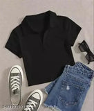 Cotton blend girls' t-shirts, short sleeves, solid color, skin-friendly, durable, stylish collar crop top for women, available in XS-28, S-30, M-32, L lengths 18/19 inches, perfect for college parties and casual wear
