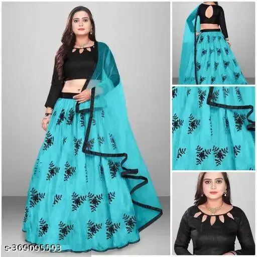 Sky Blue Semi-Stitched Net Lehenga Choli with Embroidered Blouse and Dupatta, intricately embroidered Indian bridal ensemble