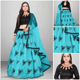 Sky Blue Semi-Stitched Net Lehenga Choli with Embroidered Blouse and Dupatta, intricately embroidered Indian bridal ensemble