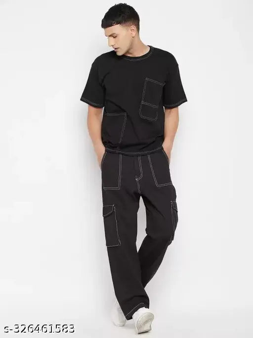 Solid denim men's baggy cargo jeans - high rise, skinny fit, distressed detailing, light wash, made in India