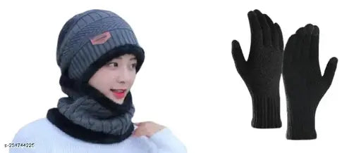 Woolen cap with neck scarf and gloves
