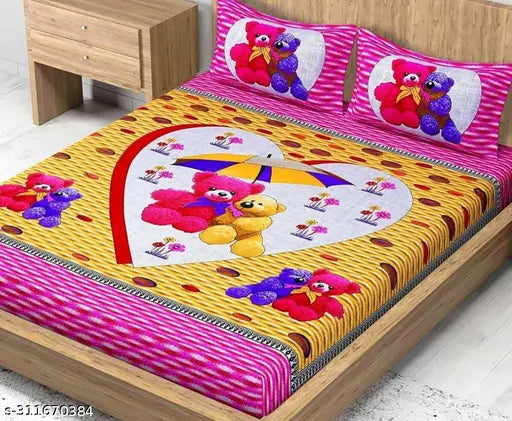100 Cotton Jaipuri Cartoon Bed Sheet with 2 Pillow Covers, Pink & Yellow
