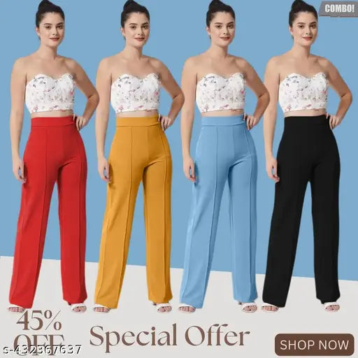 Cotton blend, stretchy, high-rise bellbottom trousers (4 pack), India - timeless, casual women's pants