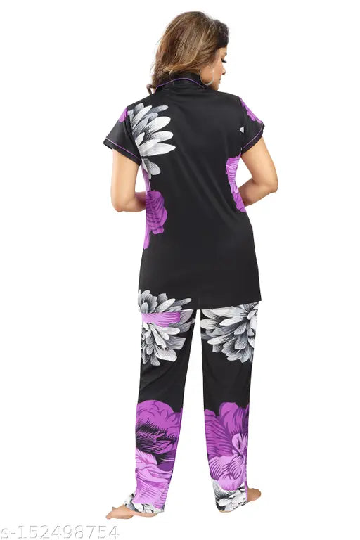 Flower print satin night suit for women/girls, new fashion from Fomti Creation with short sleeves and matching pyjamas bottom