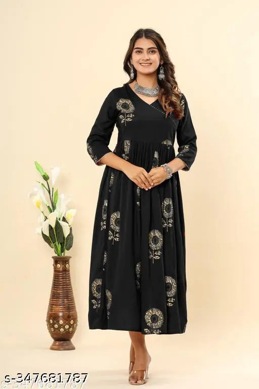 Black women's floral print viscose rayon Angrakha kurta with three-quarter sleeves, featuring intricate printed combo. S, M, L, XXL available. Indian origin