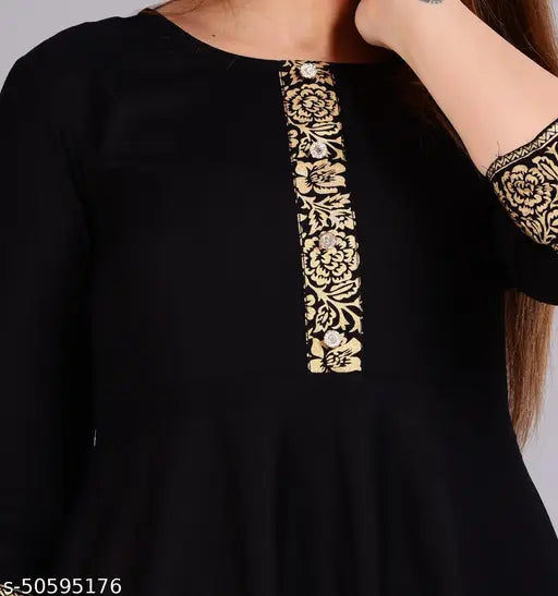 Stylish women's flared kurta in black with gold embroidery
