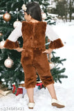 Brown wool sweater jumpsuit with applique pattern and three-quarter sleeves, complete with bow tie accessory. Fancy winter wear for children aged 9-10 years, made in India