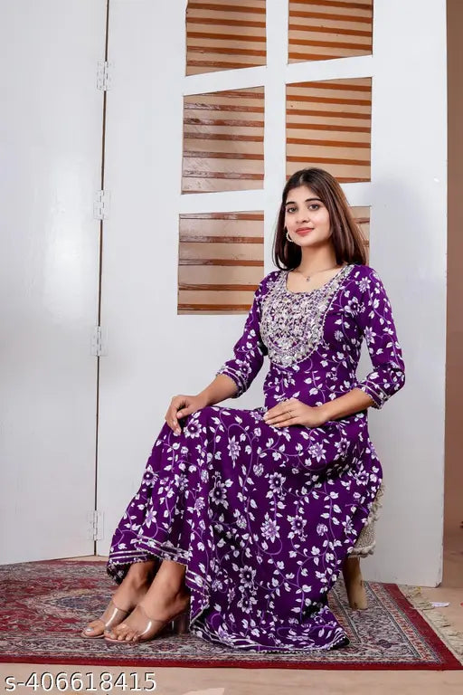 Multicolor rayon flared Anarkali gown with embroidery. Three-quarter sleeve, printed combo. L (Bust 40 in, Length 48 in), XL (Bust 42 in, Length 48 in). Indian festive wear for women and girls