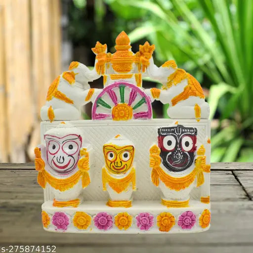 Elegant marble statue set of Lord Jagannath, Balaram, and Subhadra for Navratri Puja - Handcrafted Indian idol set, 11cm L x 12.5cm H x 2.5cm B