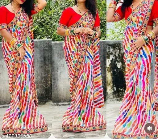Multicolored Faric saree with digital prints and lace