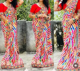 Multicolored Faric saree with digital prints and lace