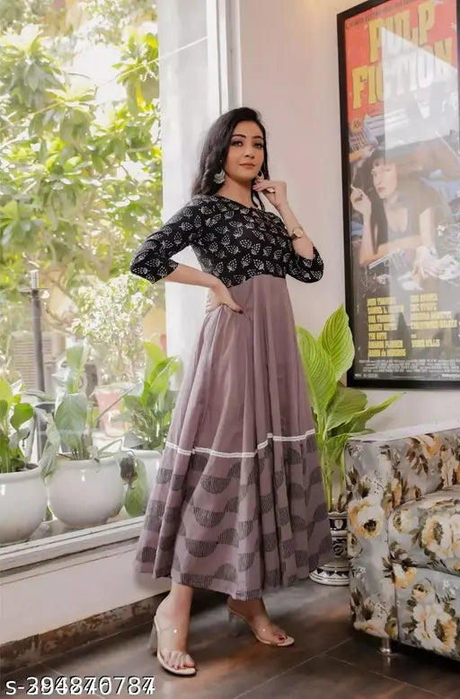 Woman in printed gown with paisley pattern